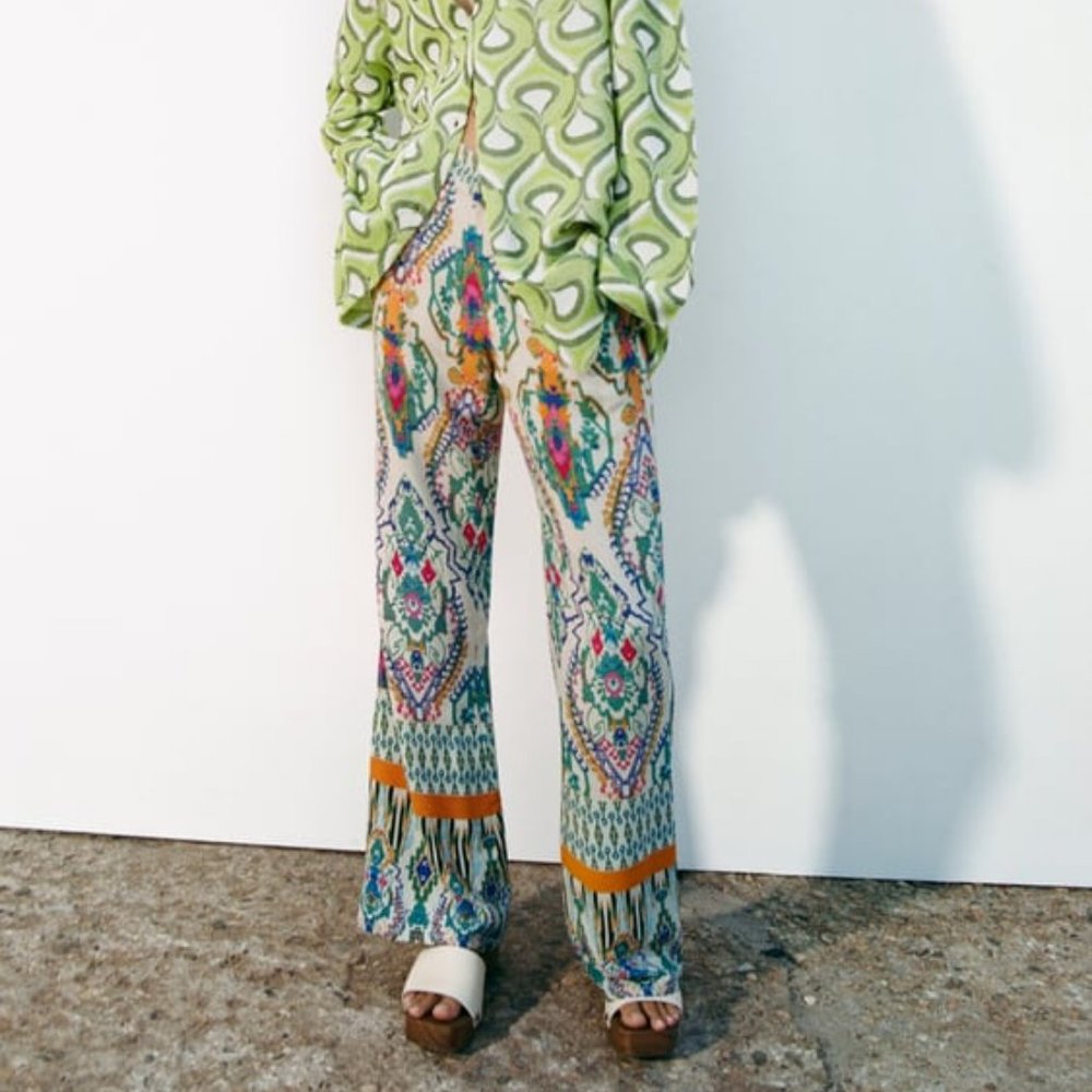 Zara Multicolor Printed Flare Pants with Orange Trim
